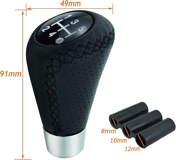 Lunsom 5 Speed Shift Knob, Leather Gear Shifter Knob Alloy Shifting Lever Head Handle Shifting Replacement Head Fit Manual Transmission Vehicles (Black Suture)