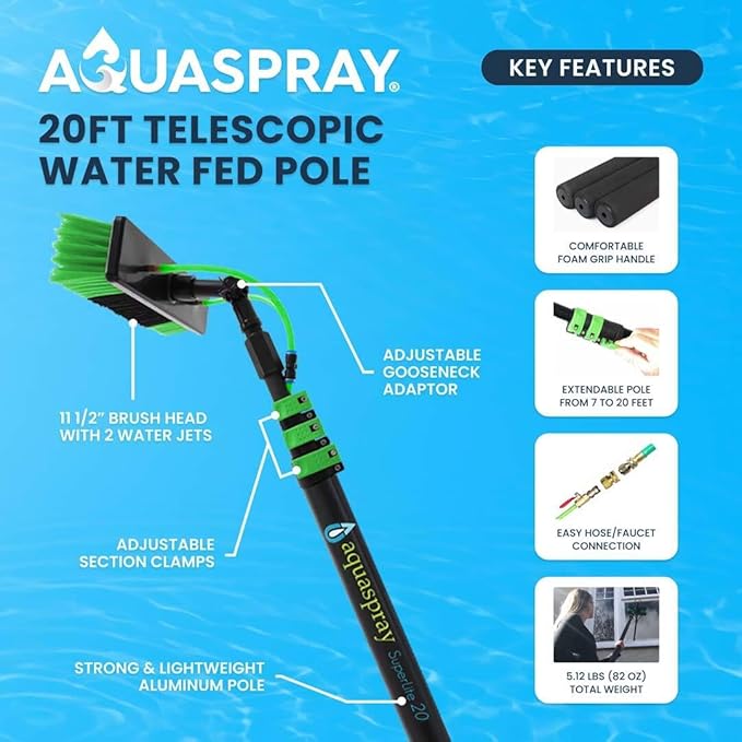 Lightweight 20 Feet Solar Panel Cleaning Brush & Pole Water Fed Pole Kit Window Cleaner & Solar Panel Cleaning System Washing Equipment Tool Solution