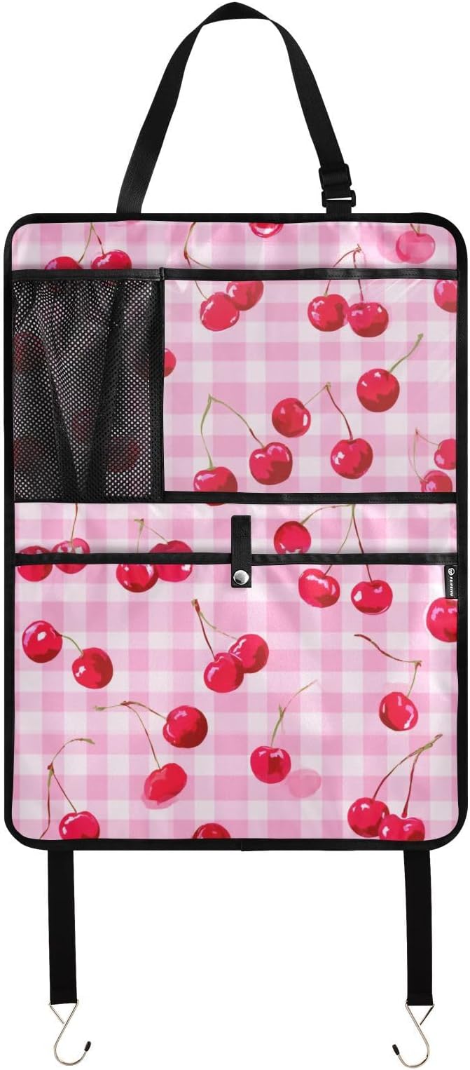 1 Pack Back Seat Car Organizer with Storage Pockets Kick Mats Back Seat Protector Hanging Car Organizer Automotive Seat Back Cover Organizers Pink Juicy Checkered Cherry