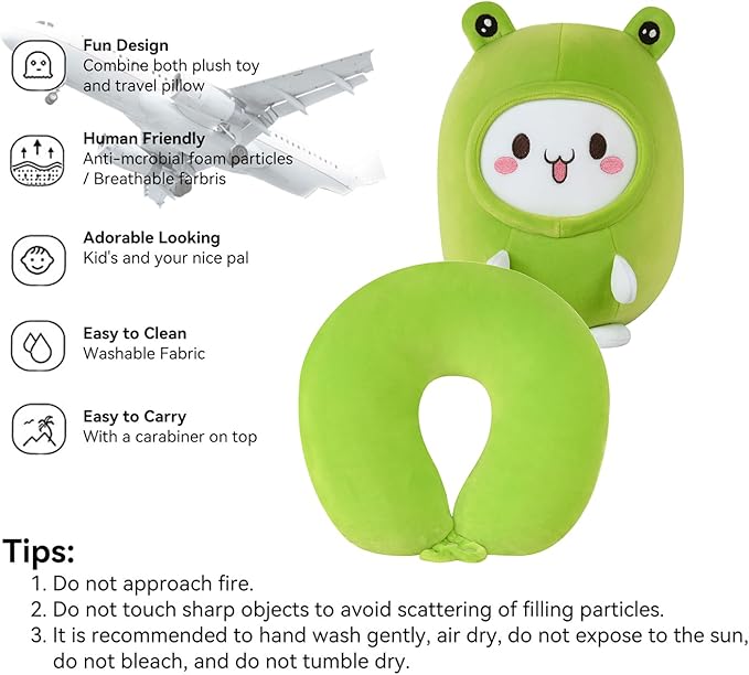 Kids Travel Pillow - 2-in-1 Deformable Kids Neck Pillow for Traveling, Soft U-Shaped Pillow with Adorable Animal Design, Comfy Sleep and Play, Ideal for Airplanes and Traveling (Green Frog)