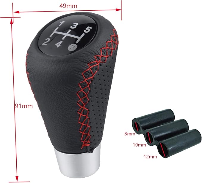 Lunsom 5 Speed Shift Knob, Leather Gear Shifter Knob Alloy Shifting Lever Head Handle Shifting Replacement Head Fit Manual Transmission Vehicles (Red Suture)