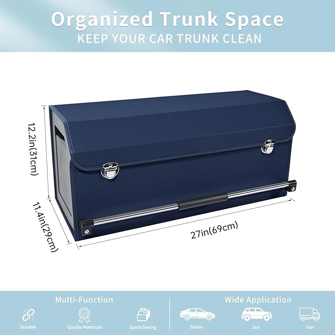 Car Trunk Organizer, Collapsible Car Storage Organizer with Lid and Push-pull Handle Leather Trunk Organizer for Suv, Truck, Minivan (Blue, 27.17 x 11.42 x 12.2in)