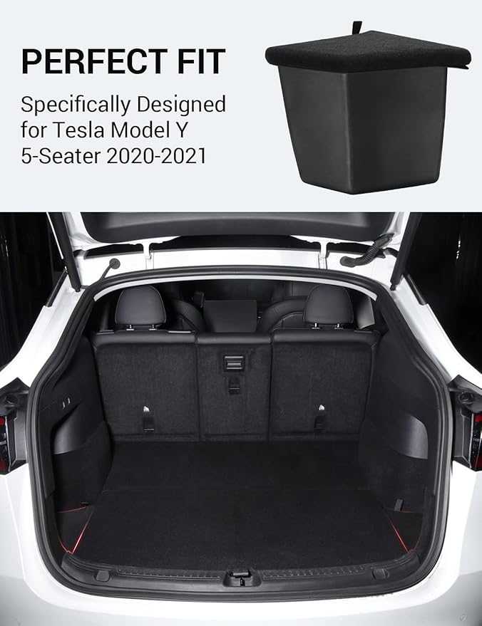 BASENOR 2020 2021 Tesla Model Y Trunk Organizer, (Proprietary Design) Waterproof Rear Trunk Storage Bins Side Box with Carpeted Lip Interior Accessories Set of 2 for 5-Seater