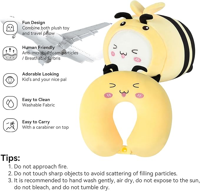 Kids Travel Pillow - 2-in-1 Deformable Kids Neck Pillow for Traveling, Soft U-Shaped Pillow with Adorable Animal Design, Comfy Sleep and Play, Ideal for Airplane Traveling - Yellow Bee
