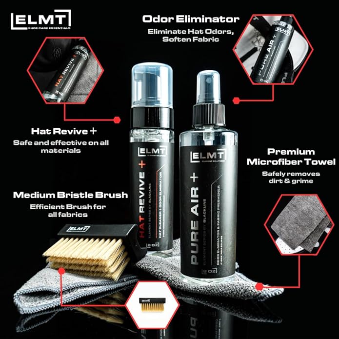 Blackline ELMT Hat Cleaning Kit — Quick-drying, US-Made, Cleans 50+ Hats — Hat Cleaner for Baseball Caps of all Materials Cotton, Wool, Leather, Felt and more (8oz Solution, Deodorizer, Towel & Brush)