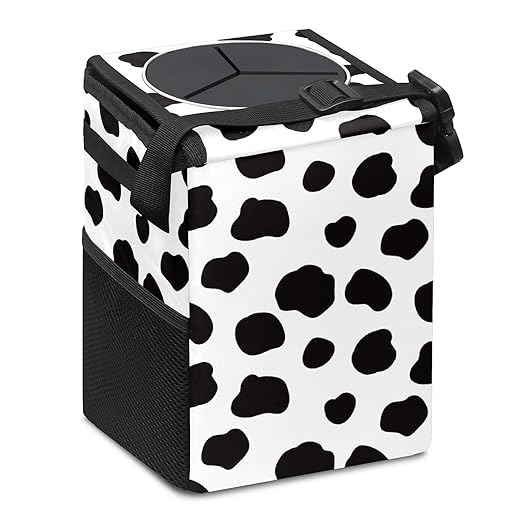 Black and White Cow Print Car Trash Can with Lid Collapsible Reusable Waterproof Car Garage Bag,Automotive Garbage Can,Car Accessories Interior Car Organizer