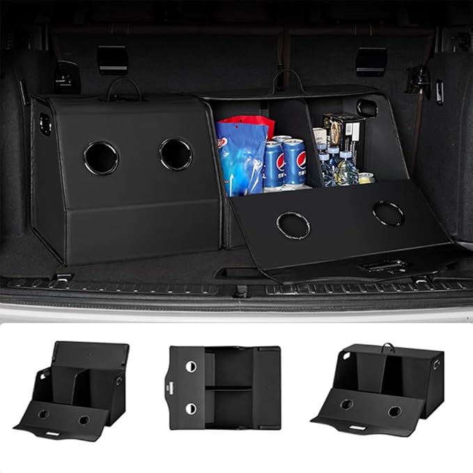 Leather Trunk Organizer,Foldable,Multi-Compartment,With Breathable Holes for Car SUV Truck MPV,Camping Picnic,Home Middle 20.8 * 13.7 * 13.7 inch Black