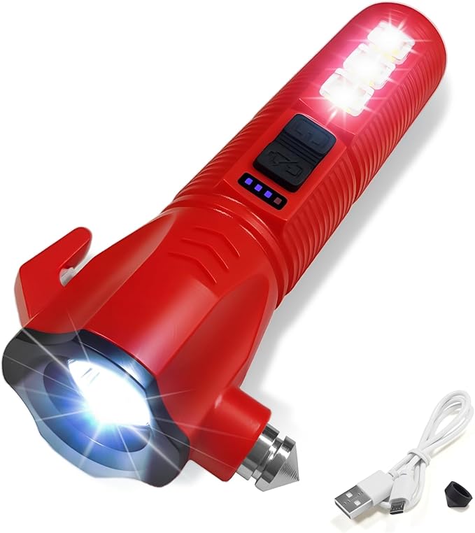 Red Emergency Car Flashlight - 2000 Lumen Dual Light 4-Level Battery Indicator Window Breaker & Seatbelt Cutter USB Rechargeable Ultra-Light 108g Car Emergency Tool