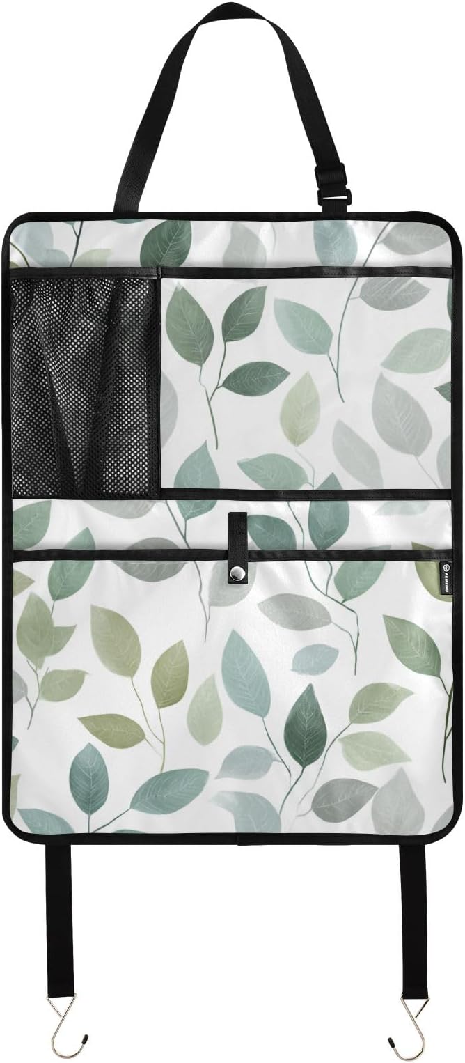 1 Pack Back Seat Car Organizer with Storage Pockets Kick Mats Back Seat Protector Hanging Car Organizer Automotive Seat Back Cover Organizers Fresh Green and Grey Leaves