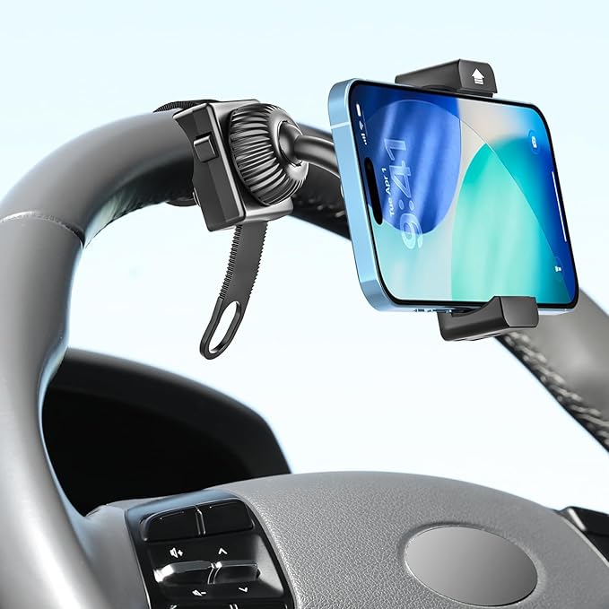 woleyi Car Steering Wheel Phone Holder - [Thick Cases Friendly] 360° Rotatable Phone Holders for Your Car Mount Automobile Hands Free Cradle for iPhone Air 17 16 15 14 13 Pro Max, Galaxy, 4-7" Phones