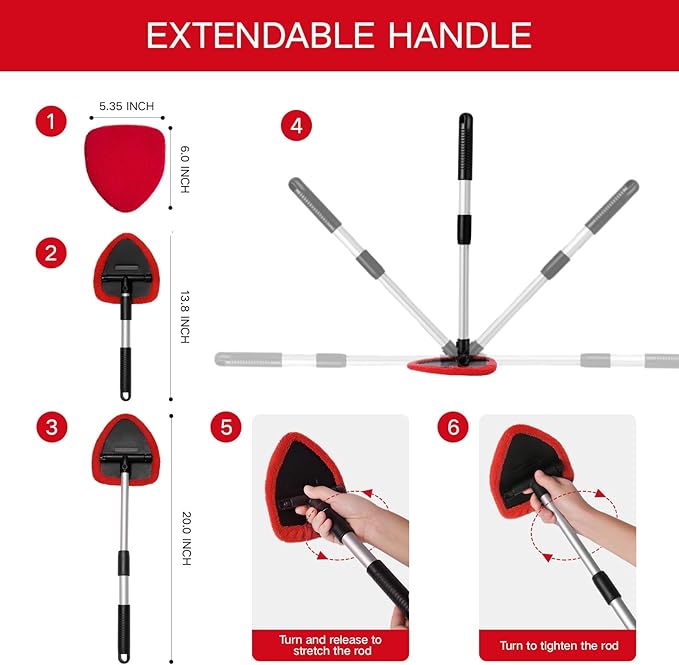 10pcs Windshield Cleaner Tool, Car Window Cleaning Wash Kit with 4 Reusable Microfiber Pads 1 Spray Bottle and Extendable Handle Auto Glass Wiper Kit, Red