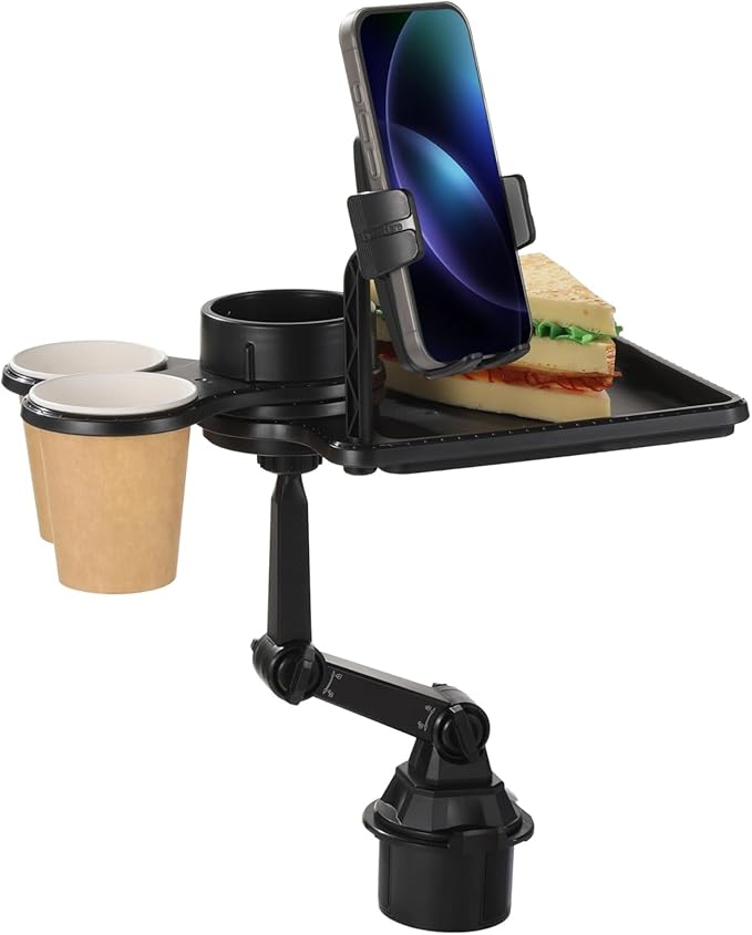 Cup Holder Tray for Car, Car Cup Holder Tray with Phone Stand, Car Table Tray, Detachable 360° Rotation, Ideal for Daily use and Road Trip Dining (1 Food Tray)