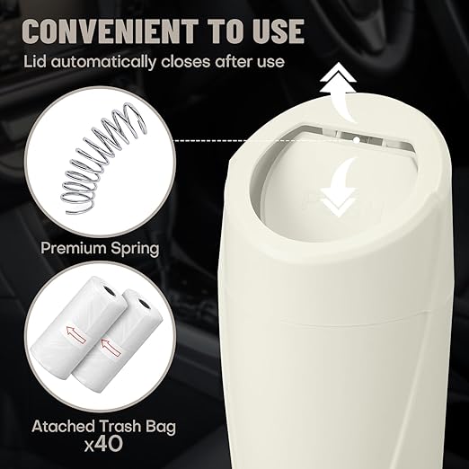 Car Trash Can Bin with Lid - 2 Packs Car Garbage Can Cup Holder - Cream Mini Leakproof Vehicle Garbage Bin with 40pcs Trash Bags-Automotive Organizers and Storage for Front Back Seat Accessories