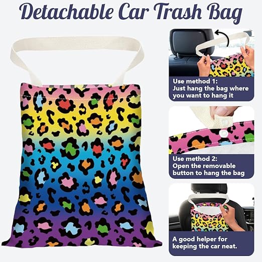 Colorful Leopard Print Car Trash Bag Hanging Garbage Bag with Snap Buttons Car-Back Seat Trash Storage Portable Dustbin for Men Women Car Interior Accessories Travel Camping
