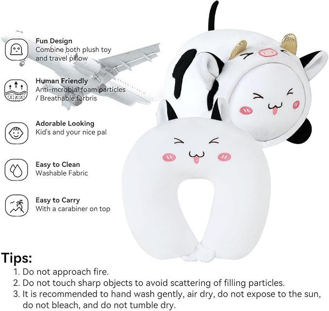 Kids Travel Pillow - 2-in-1 Deformable Kids Neck Pillow for Traveling, Soft U-Shaped Pillow with Adorable Animal Design, Comfy Sleep and Play, Ideal for Airplanes and Traveling (QQ Milk Cow)