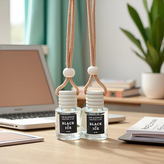 Car Air Hanging Fragrance Oil 2 Pack, Auto Freshener, Essential Oil Diffuser for Cars, Long Lasting Aroma Women Gift, Made in USA, Odors Eliminator, Interior Decor | BLACK ICE (TYPE) - 8 ML