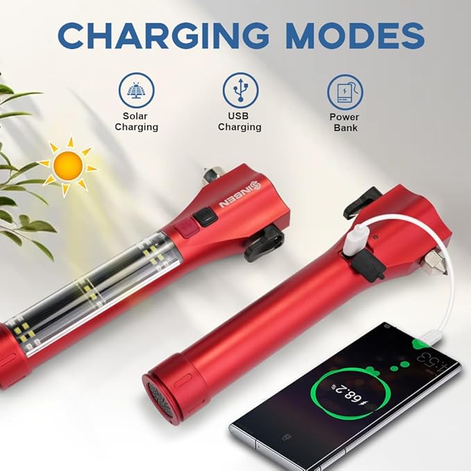 SINSEN Emergency Flashlight for Car, Seatbelt Cutter Window Breaker, 16-in-1 Multifunctional Safety Tool—Glass Hammer/Bright Solar Torch/Rechargeable/Rescue Alarm & Beacon/Repair Magnet