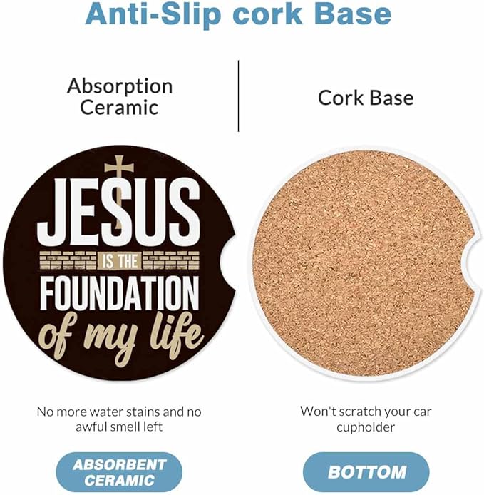 Foundation of My Life Car Cup Holder Coaster 2 Pack Absorbent Ceramic Car Coasters for Cup Holders Car Accessories Interior Universal Anti Slip Cork Base Cup Coasters with Finger Notch