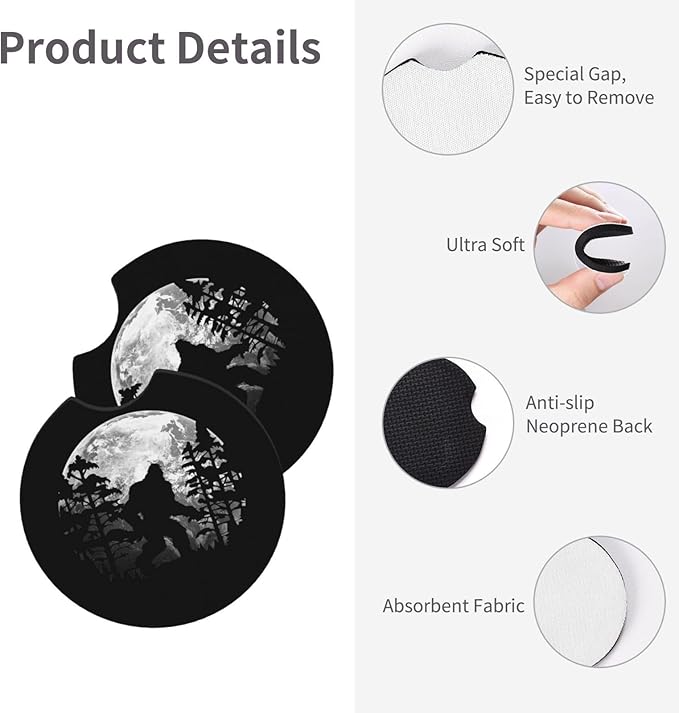 Bigfoot Full Moon Trees Sasquatch Car Coasters for Cup Holders Pack of 2 Neoprene Cup Mat Pad Vehicle Interior Accessories for Men Women