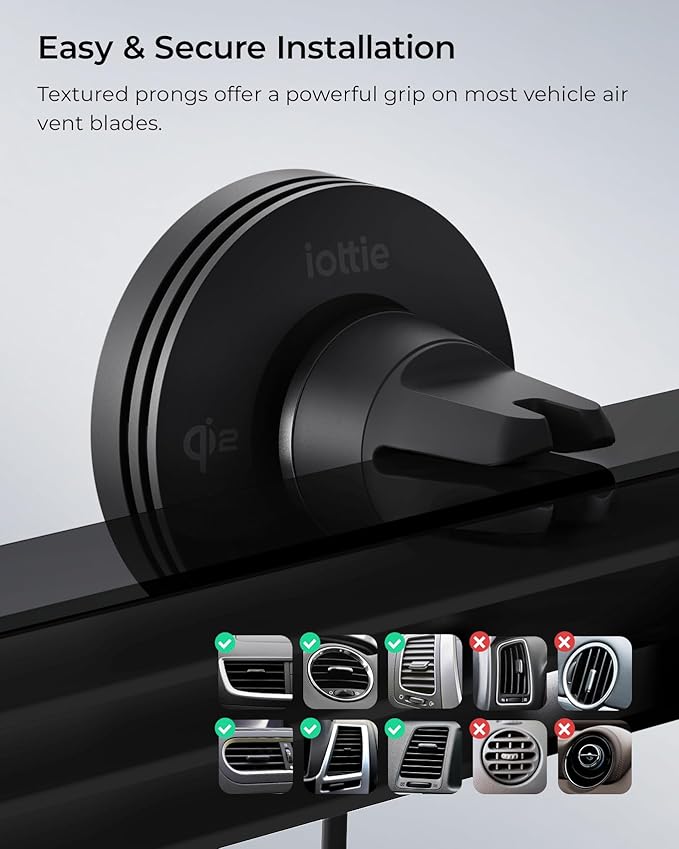 iOttie Velox Qi2 Mini Wireless Charging Car Mount - MagSafe Compatible Air Vent Phone Mount with 15W Charging for Qi2-enabled Smartphones Including iPhone 12, 13, 14, 15 and 16. Car Charger Included.