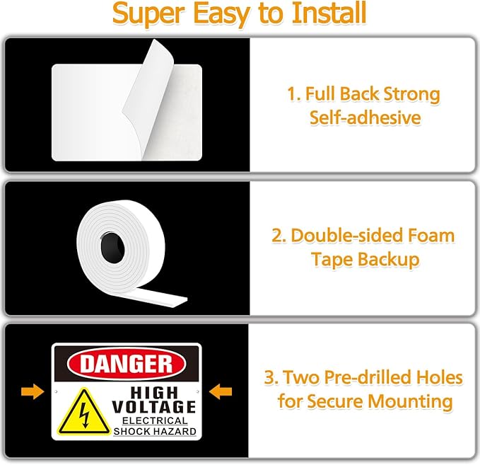 Danger High Voltage Sign, (2 Pack) Self Adhesive Aluminum Metal Electrial Shock Hazard Signs for Indoor Outdoor Use, Rust Free and Reflective Sticker (9 x 6 inches, Black/White)