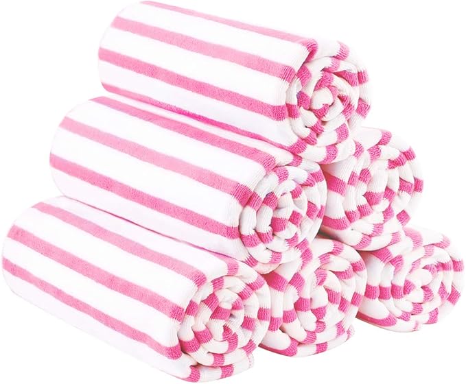 JML Microfiber Beach Towels, Cabana Stripe Large Bath Towel Set 6 Pack, 27" x 55" - Absorbent Quick Dry, No Fading, No Linting for Hair Wrap, Sauna, Pool, Sport, Yoga, Camping, Swimming, Pink