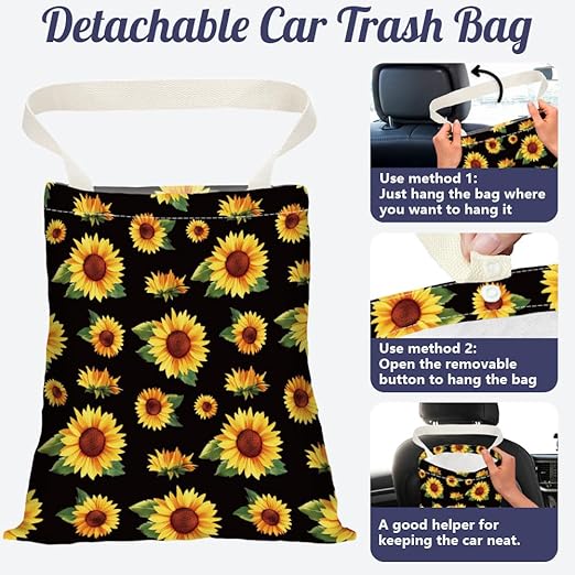 Sunflower Print Car Trash Bag Hanging Garbage Bag with Snap Buttons Car-Back Seat Trash Storage Portable Dustbin for Car Interior Accessories Travel Camping