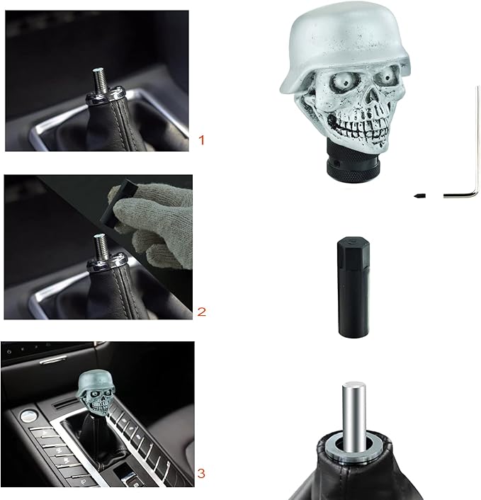 Lunsom Skull Gear Shifter Knob, Soldier Car Shift Stick Handle Shifting Head Transmission Fit Most Automatic Manual Vehicle (Silver)