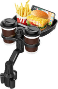 Biupky Car Cup Holder Expander, 4-in-1 Universal Cup Holder Tray Compatible with 2.6" to 3.94", Multi Cup Holders Table with Large Food Tray Phone Mount, for Travel Auto Trucker Road Trip Essentials
