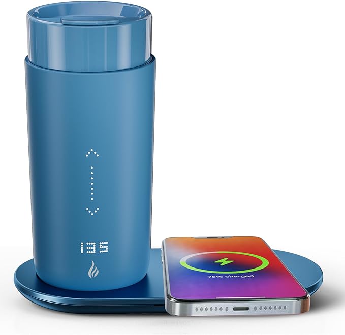 Temperature Control Heated Coffee Mug Smart Self Heating Travel Mug 12 Oz App Controlled Warmer Mug 4-10 Hour LED Display Keep Coffee Hot Fast Wireless Charger Base Lake Blue