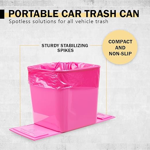Car Trash Can – Leakproof 1.4 Gallon Compact Garbage Bin with Stability Flap & Anti-Slip Base | Portable Trash Holder for Cars, Trucks, SUVs, Minivans – Includes Trash Bags (Pink, Large)