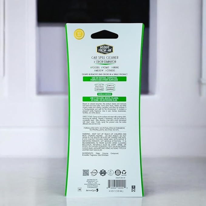 Advanced CAR SPILL Upholstery Cleaner & Odor Eliminator, Car Interior Cleaner with NoxBan & Natural Enzymes, Safe for Pets & Family, Ideal for Cars, Boats, RVs, Vanilla Scent 4 Oz. - INSTANT FRESH AIR