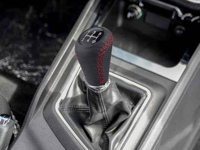 Lunsom 5 Speed Shift Knob, Leather Gear Shifter Knob Alloy Shifting Lever Head Handle Shifting Replacement Head Fit Manual Transmission Vehicles (Red Suture)