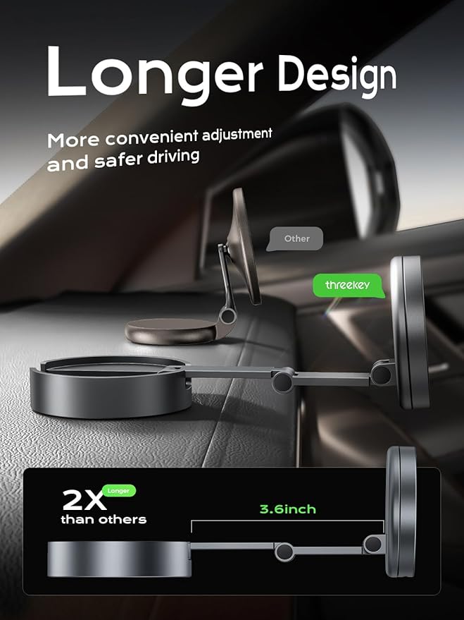 THREEKEY Qi2 Certified MagSafe Car Mount Charger,Car Wireless Charger,15W Magnetic Charger Fast Charging,Retractable Phone Holder with 360°Rotation,Car Mount for iPhone17-12&Galaxy S25 Ultra