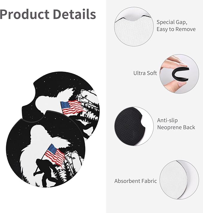America Flag Bigfoot Car Coasters for Cup Holders Pack of 2 Neoprene Cup Mat Pad Vehicle Interior Accessories for Men Women
