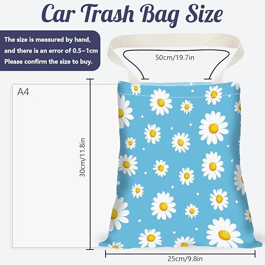 Daisy Flower Print Car Trash Bag Hanging Garbage Bag with Snap Buttons Car-Back Seat Trash Storage Portable Dustbin for Men Women Car Interior Accessories Travel Camping