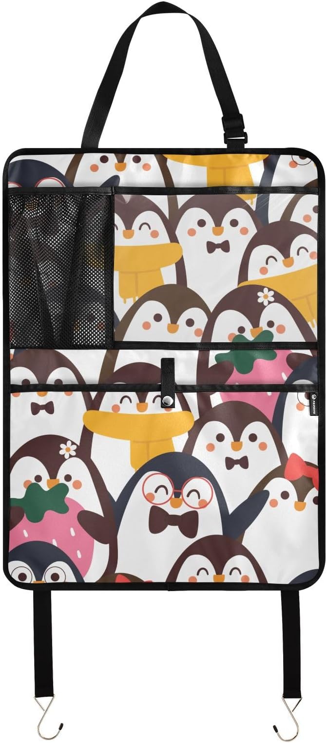 2 Pack Backseat Car Organizer with Storage Pockets Seat Back Organizers for Kids Kick Mats Backseat Protector Automotive Penguin Cute