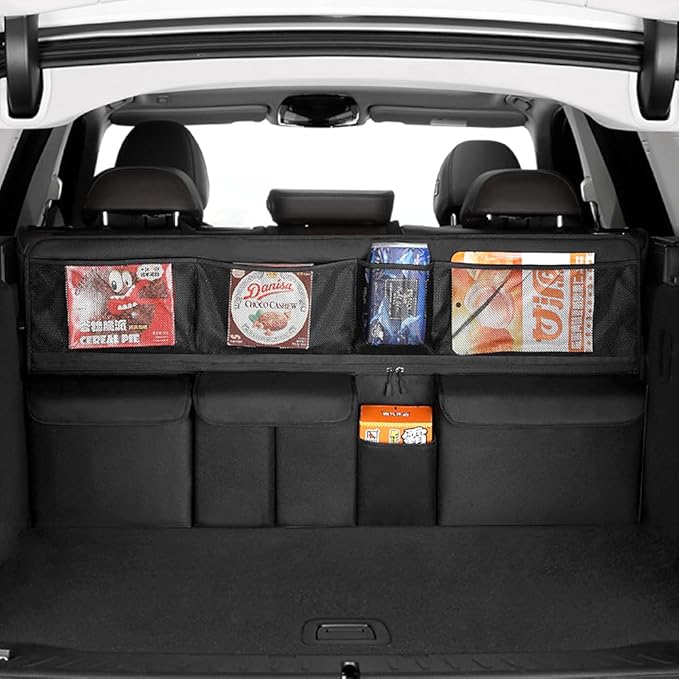 Hanging Car Trunk Organizer, Collapsible Backseat Storage Bag with 8 Large Pockets for Medium or Large Size SUV, Truck, MPV, Car Interior Accessories (Black)