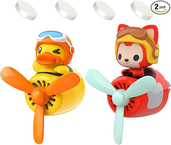 2 Pieces Car Air Fresheners, Cute Bear Pilot Car Diffuser, Propeller Air Outlet Vent Fresheners, Suitable for Automotive Interior Decoration (Duck+Fox)