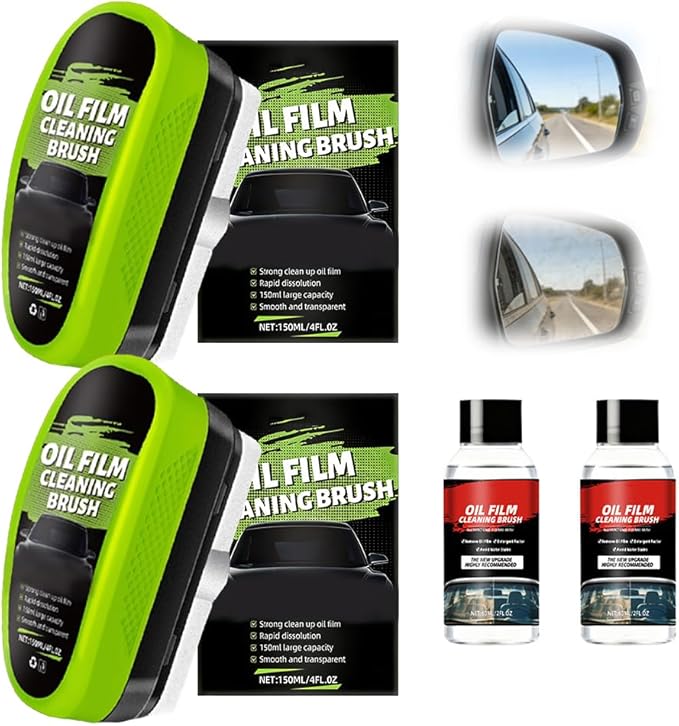 [2 Set] Automotive Oil Film Cleaning Brush with 60ML Cleaning Liquid, Glass Cleaning Wipe Board Windshield Cleaner Car Glass Oil Film Cleaner for Windshield Improves Clarity & Visibility (Green)