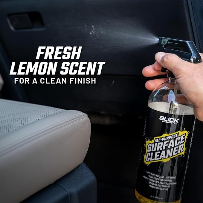 Slick Products All-Purpose Surface Cleaner – Interior & Exterior Vehicle Spray for Plastic, Vinyl, Rubber, Carpet & Upholstery – Ready-to-Use Formula with Fresh Lemon Scent – 16 oz.