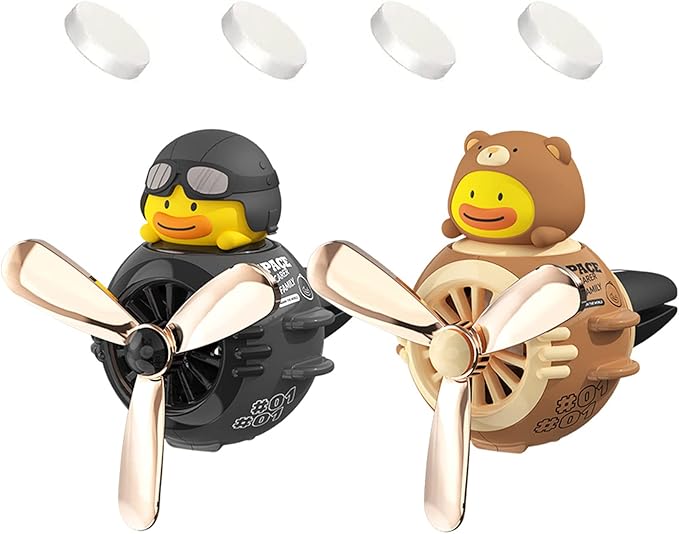 2 Pieces Car Air Fresheners, Cute Bear Pilot Car Diffuser, Propeller Air Outlet Vent Fresheners, Automotive Interiors Vent Decoration (Black+Brown)