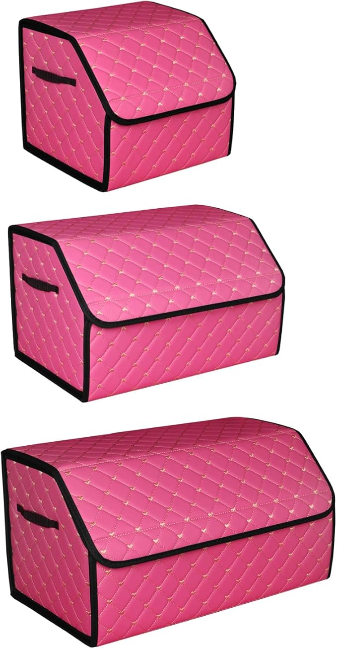 car organizers and storage for SUV,trunk organizer for sedan, leather foldable sleek box with lid,collapsible cargo bins, tool accessories containers,Pink women (17.71 inch)