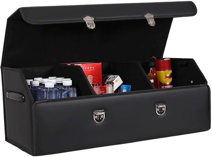 Leather Storage Box Car Trunk Organizer for Trunk SUV Sedan, Leather Foldable Storage Box with Lid (Black 29.5" L*12.2" W*11.8" H)