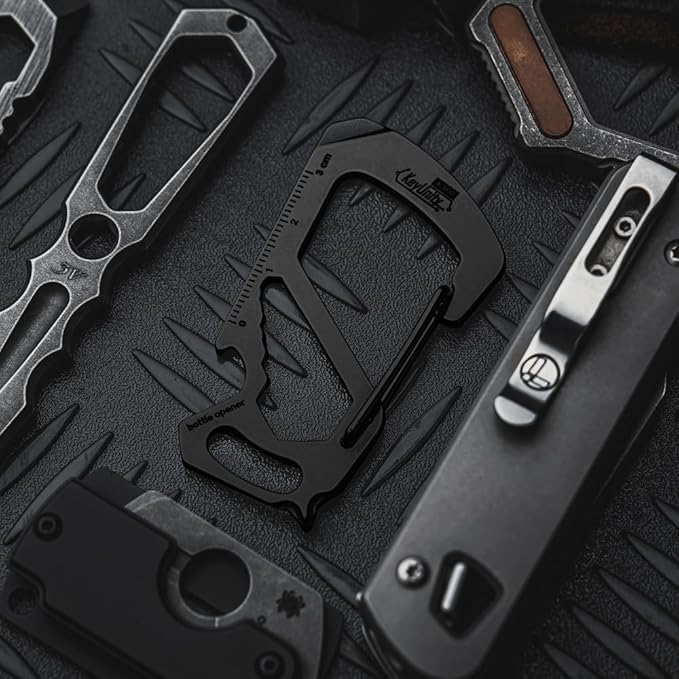 KeyUnity KS00BK Carabiner Clip Multitool Stainless Steel 7 Tools in 1, Quick Release Clasp, Wrench, Cross Screwdriver, Slotted Screwdriver, Bottle Opener, Ruler, Key Holder (PVD Black)