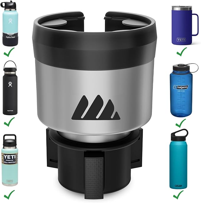 Integral Silver Hydro Expander Car Cup Holder Expander Organizer with Adjustable Base - Rubber Tabs Hold Most 32-40 oz Bottles and Large Cups