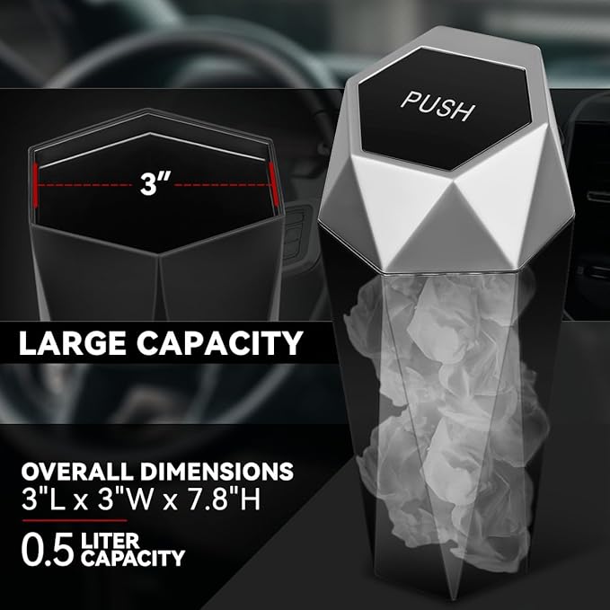 Auto Dynasty Car Trash Can with Lid, Compact 3" Garbage Bins Bottle Holder, 0.5L Capacity Car Interior Storage Organizer Container for Home Office, Silver