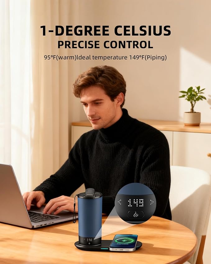 Temperature Control Heated Travel Mug Smart Self Heating Coffee Mug 20 Oz App Controlled LED Display coffee serving sets mug kept at a constant temperature for 4-10 hours (Slate Blue, 20 oz)