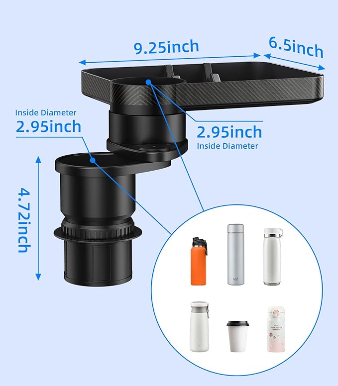 Car Double Cup Holder Tray Table, Swivel Car Food Tray Table for Front/Rear Passenger Seat for Eating, Cup Holder Expander with Phone Holder, Drink Sauce Holder for Car, Road Trip Essentials