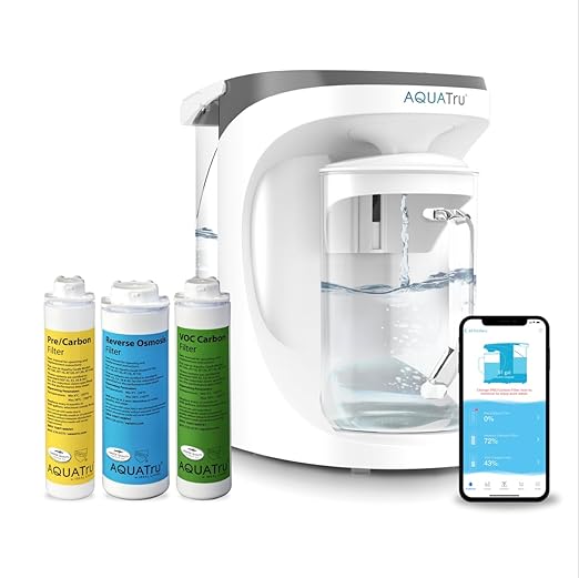 AquaTru Carafe Smart Countertop Water Purifier | App-Connected 4-Stage Reverse Osmosis System with Glass Carafe Removes Forever Chemicals, Lead & Fluoride | Track Filter Life | No Plumbing